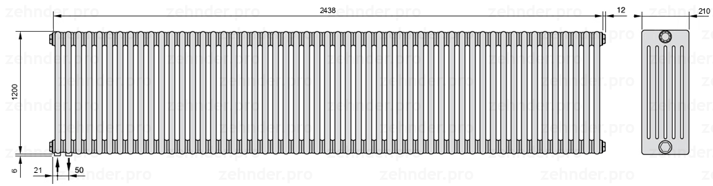 Схема (чертеж) Радиатор Zehnder Charleston 6120/53 №3370 Белый глянцевый RAL 9016